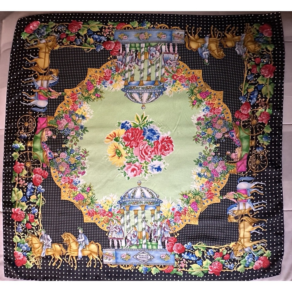 GIANNI VERSACE ATELIER silk scarf size 34" Gold Horses Polkadot Floral RARE